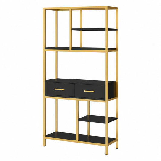 Bibliothèque, en métal, avec rangement, avec tiroirs, avec étagères, coloris noir, 90 x 30 x 180 cm, pour le salon ou le bureau
